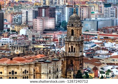 Panoramic view of the city Malaga with the Cathedral. Costa del Sol, Andalusia, Spain