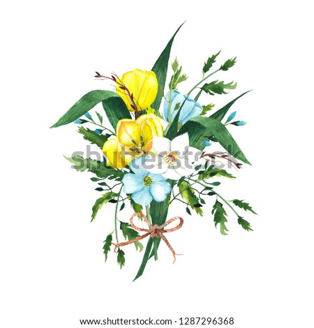 Watercolor spring easter invitation frame with green twigs, branches, white, blue, pink, yellow tulips flowers on a white background