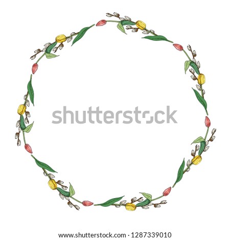 Round frame made of yellow tulips, pink tulips and willow branches. Romantic floral wreath on white background. Festive floral circle for your season design