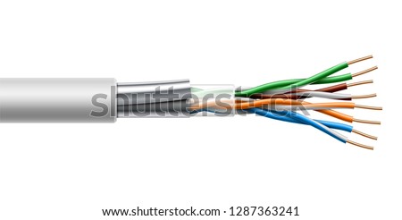Twisted pair cable with shield structure. Vector realistic illustration isolated on white background. Royalty-Free Stock Photo #1287363241
