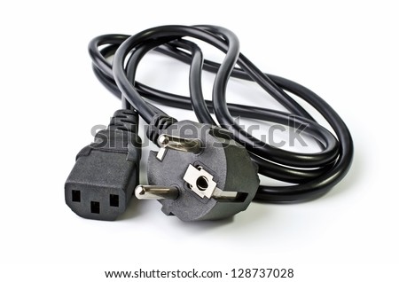 Black power cable to the computer isolated on a white background