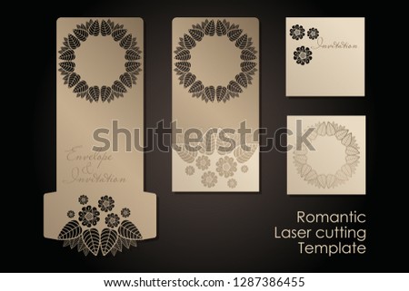 Vintage envelope and invitation for laser cutting. Openwork cover and card design for wedding, Valentine's Day, romantic party. Vector illustration.