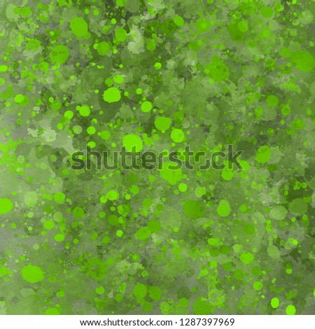 Green paint splatter effect texture on white paper background. Artistic backdrop. Different paint drops.