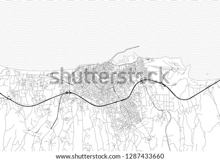 Area map of Heraklion, Greece. This artmap of Heraklion contains geography lines for land mass, water, major and minor roads. Royalty-Free Stock Photo #1287433660