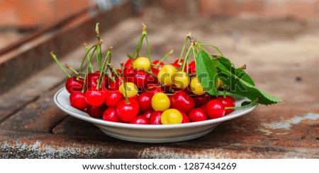 cherries, fruits, harvest (ripe and juicy fruits). top
copy space. food background