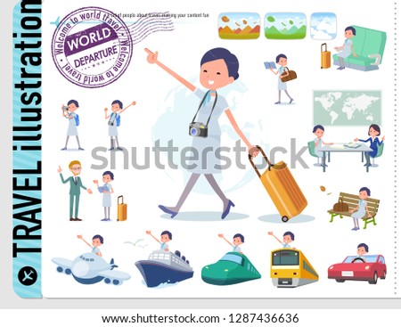 A set of Business women on travel.There are also vehicles such as boats and airplanes.It's vector art so it's easy to edit.