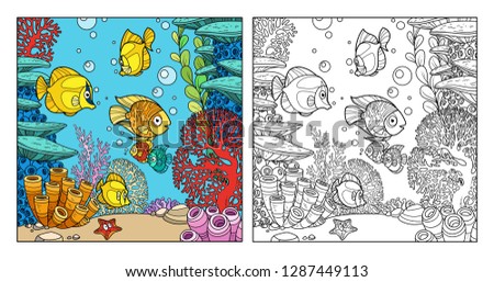 Underwater world with fish and starfish, corals and anemones color and outlined isolated on white background