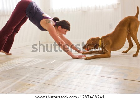 Mid-adult woman doing yoga with her dog inside a bare room in her home.