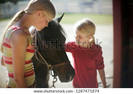 Teenage girl and her sister grooming a pony outside.