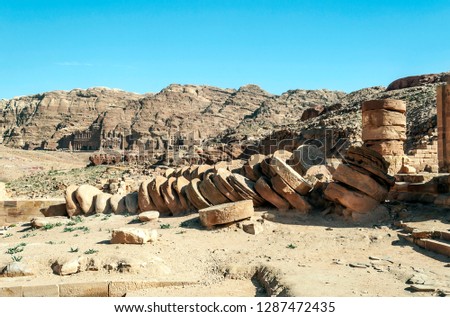 Ruins of the ancient city of Petra in Jordan. Petra is an important archaeological site in Jordan. Petra is not a city built with stone but, literally, excavated and sculpted in stone.