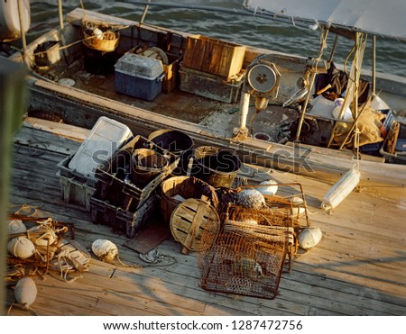 Fishing equipment aboard a fishing trawler.