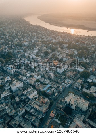 Aerial drone shot of the holy city of Varanasi in India