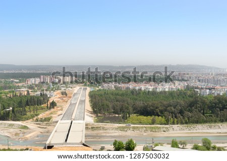 Drone aerial photo shoot view of construction along highway. Antalya ring road, April-2015
