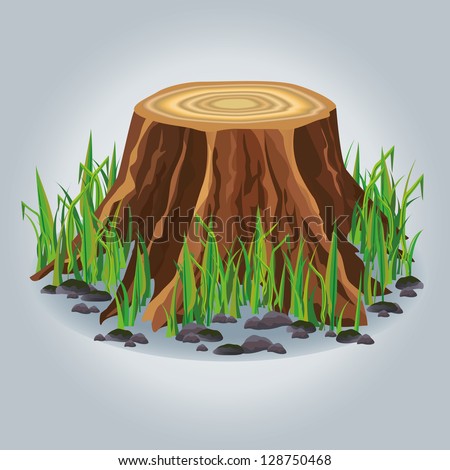 Realistic tree stump with green grass isolated on gray background. Raster version