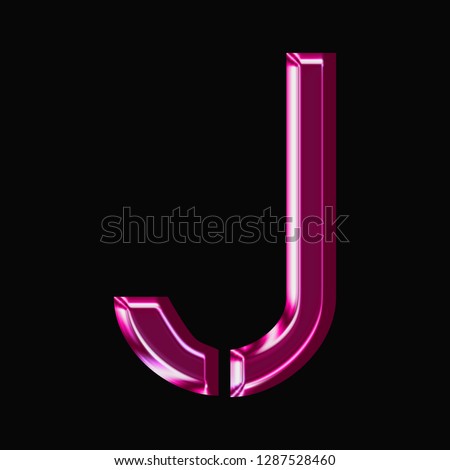 Shiny pink glass letter J in a 3D illustration with a smooth reflective metallic surface in a stencil style font isolated on a black background with clipping path