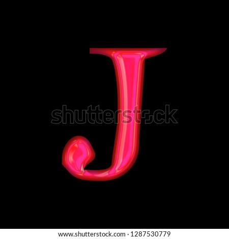 Glowing neon pink glass letter J in a 3D illustration with a shiny bright pink glow and rough edge font type style isolated on black background with clipping path