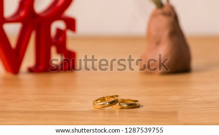red love letters on white background on the left wiht two rings and plant