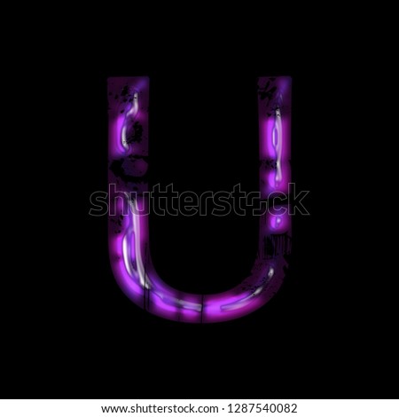 Bright purple glossy glass letter U in a 3D illustration with a shiny glass effect with light highlights in a damaged font isolated on a black background