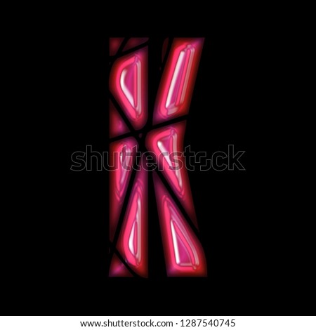 Glowing bright pink shiny glass letter K in a 3D illustration with a smooth reflective effect with a beveled broken shattered font isolated on a black background