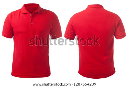 Blank collared shirt mock up template, front and back view, isolated on white, plain red t-shirt mockup. Polo tee design presentation for print. Royalty-Free Stock Photo #1287554209