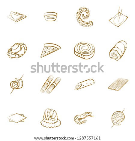 American food, Japanese food, Seafood, Snacks and Table setting set. Background for printing, design, web. Usable as icons. Binary color.