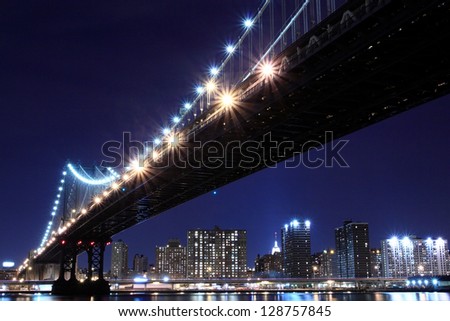 Manhattan Bridge and skyline At Night, New York City