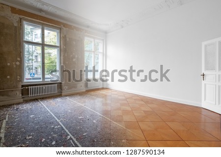 flat renovation, empty room before and after refurbishment or restoration photo merge  