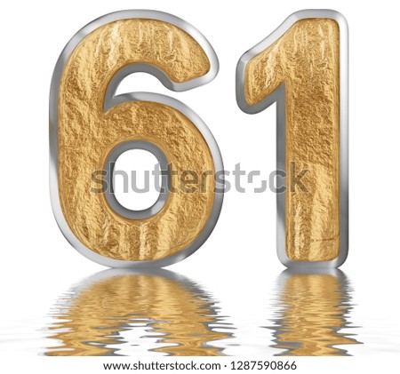 Numeral 61, sixty one, reflected on the water surface, isolated on white, 3d render
