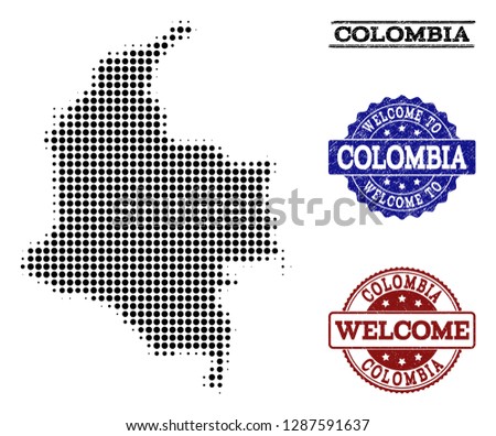 Welcome combination of halftone map of Colombia and grunge watermarks. Halftone map of Colombia designed with black spheric points.