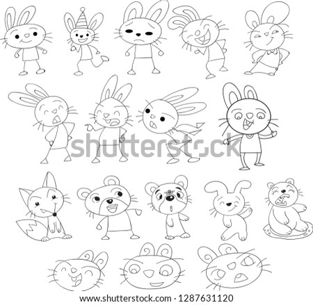The animals in action. Hand drawn vector illustration. For cartoon illustration, coloring pattern, decoration, background,wallpaper, children books illustration,sketch design,comic books, clip arts.