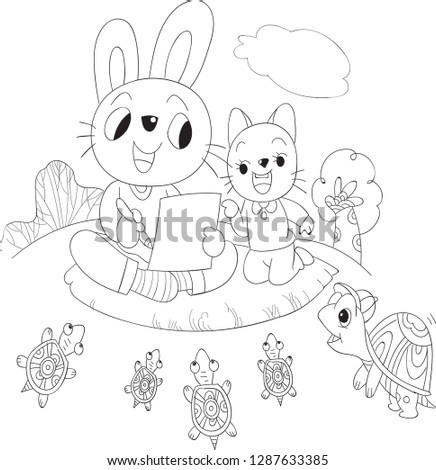 The two rabbits and turtle family. Hand drawn doodle vector illustration. For coloring pattern, background, decoration,children books illustration, clip arts .preschool coloring and playing games.