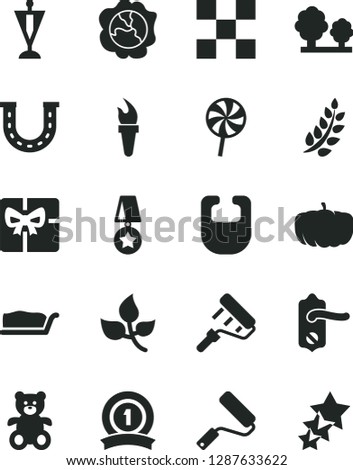 Solid Black Vector Icon Set - bib vector, teddy bear, new roller, paint, door knob, tile, cake slice, lollipop, squash, pumpkin, leaves, trees, giftbox, flame torch, laurel branch, pennant, star
