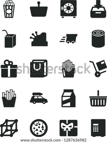 Solid Black Vector Icon Set - grocery basket vector, packing of juice with a straw, put in box, strongbox, bag handles, gift, package, shipment, tin, pizza, French fries, fried potato slices, safe