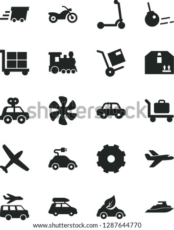 Solid Black Vector Icon Set - truck lorry vector, cargo trolley, motor vehicle, present, child Kick scooter, core, cardboard box, shipment, marine propeller, eco car, electric, urgent, private plane