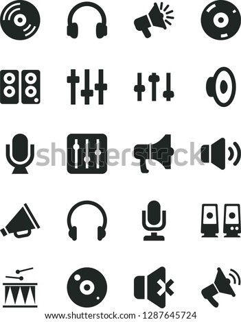 Solid Black Vector Icon Set - desktop microphone vector, horn, loudspeaker, drumroll, headphones, CD, regulator, volume, no sound, megaphone, pc speaker, settings