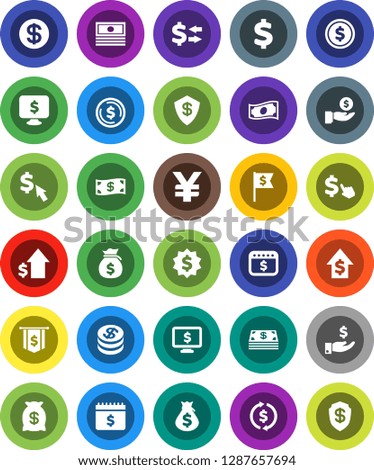 White Solid Icon Set- exchange vector, dollar coin, cash, money bag, investment, growth, medal, flag, calendar, monitor, cursor, yen sign, shield
