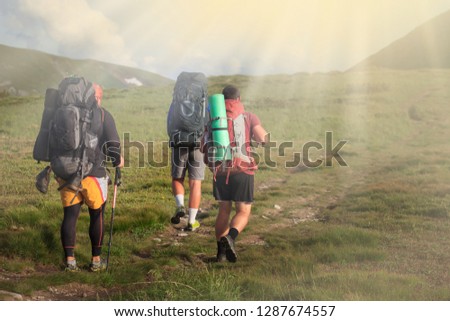 Tourist group hiking in mountains. Treking road near wild horses. Amazing Landscape. Sunlight Royalty-Free Stock Photo #1287674557