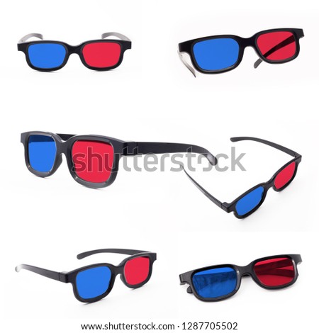  Set of six 3d glasses isolated on white background, front view.  Cinema glasses frontally. 