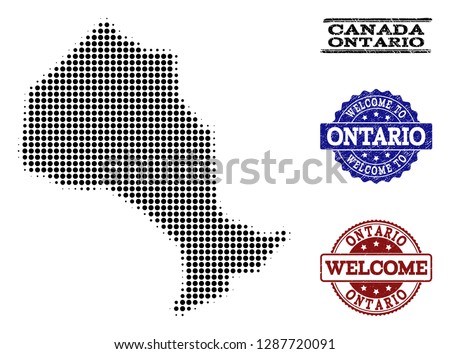 Welcome collage of halftone map of Ontario Province and corroded seal stamps. Halftone map of Ontario Province designed with black round dots.