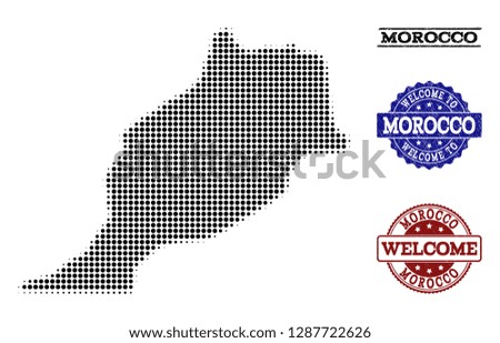 Welcome composition of halftone map of Morocco and rubber watermarks. Halftone map of Morocco constructed with black round dots.