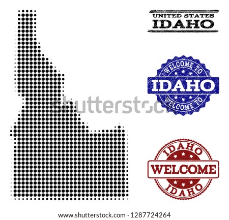 Welcome combination of halftone map of Idaho State and unclean seals. Halftone map of Idaho State constructed with black round dots.