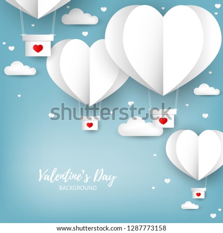 Valentine's day background of a group of heart shape hot air balloons with red heart pattern floating on blue sky with clouds, many tiny hearts and your copy space. Concept of love in paper art style.