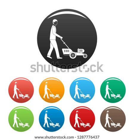 Man hold lawn mower icons set 9 color vector isolated on white for any design