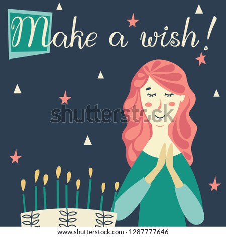 Girl making a wish with Birthday cake and candles. Congratulations lettering text. 
