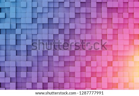 Glowing black blue and pink abstract squares background pattern 3D rendering