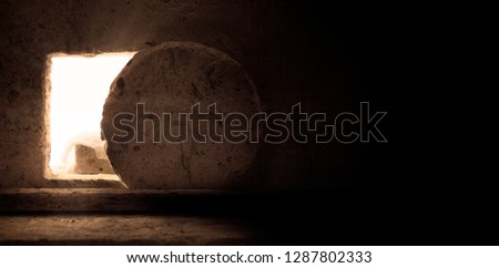 Empty Tomb: Details of Jesus Christ’s Resurrection : Surrealism Background : Easter Day Royalty-Free Stock Photo #1287802333