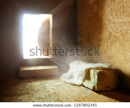 Empty Tomb: Details of Jesus Christ’s Resurrection : Surrealism Background : Easter Day Royalty-Free Stock Photo #1287802345