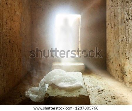 Tomb of jesus : Jesus Christ is Risen : Easter Day : Details of Jesus Christ’s Resurrection : Surrealism Background  Royalty-Free Stock Photo #1287805768