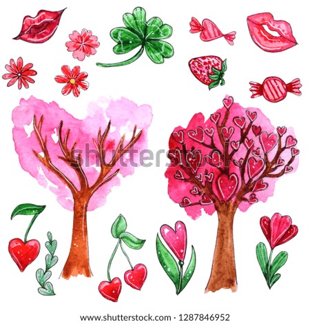 Watercolor set of elements for Valentine's day. Hand painted lips, flowers and trees. Perfect for design of wedding invitations, greeting cards, postcards, invitations, children's books.
