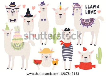 Set of cute funny llamas, pirate, summer, witch, unicorn, birthday, hipster. Isolated objects on white background. Hand drawn vector illustration. Scandinavian style flat design. Concept kids print.